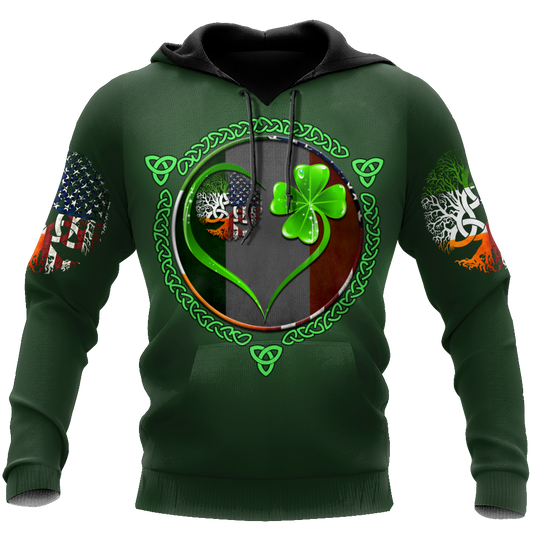 Lasfour Premium Irish Saint Patrick's Day Printed Unisex Shirts, Heart Shamrock Lucky Ireland USA Flag Shirt PO0257