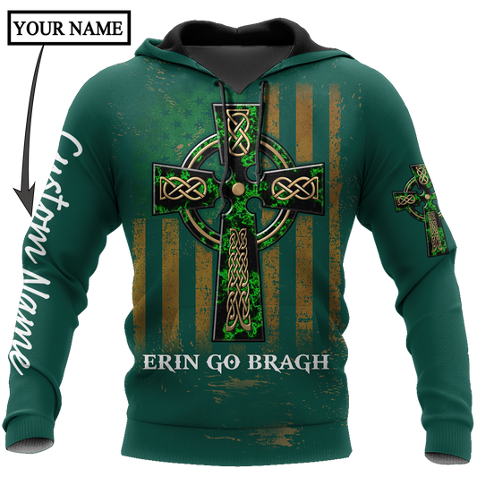 Custom Name Celtic Cross Flag American Erin Go Bragh Shirt, Personalized St Patrick's Day 3D Shirt PO0306