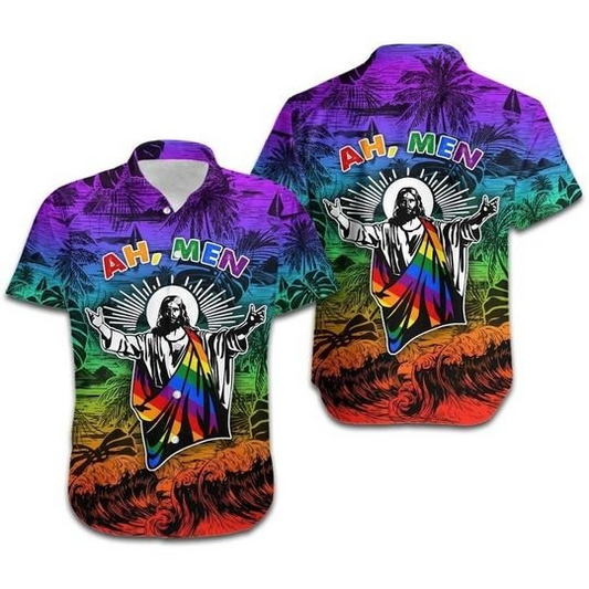 Ah Men Funny Jesus Lgbt Pride Aloha Hawaiian Shirt, Lgbtqia2S+ Hawaiian Shirt HO4589