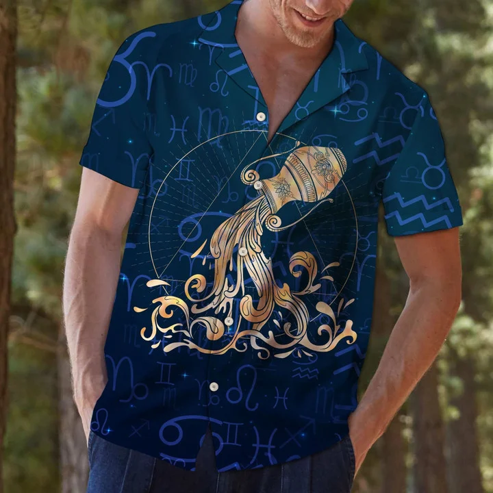 Amazing Aquarius Zodiac Symbol On Blue Pattern Hawaiian Shirt HO2053