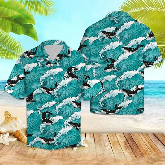 Amazing Black And White Whale Sea Waves Pattern Hawaiian Shirt HO2111