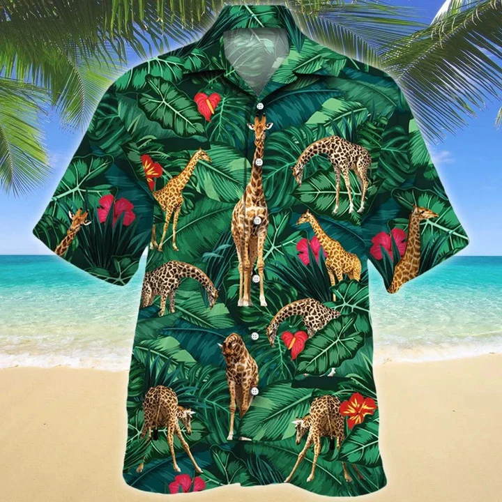 Amazing Green Leaves And Giraffe Lovers Gift Design Hawaiian Shirt HO2166