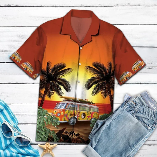 Hippie Bus Under Sunset Palm Tree Beach Themed Pattern Hawaiian Shirt HO1967