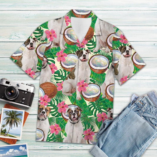 American Bulldog Tropical Coconut Hawaiian Shirt, Dog Hawaiian Shirt Men, Short Sleeve Hawaiian Aloha Shirt HO2311