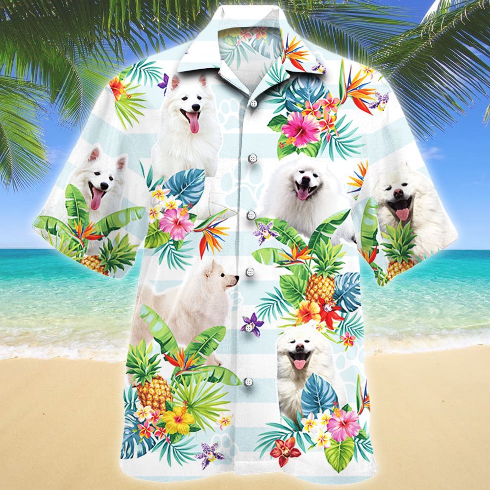 American Eskimo Dog Tropical Flower Hawaii Shirt, Dog Hawaiian Shirt Men, Short Sleeve Hawaiian Aloha Shirt HO2315