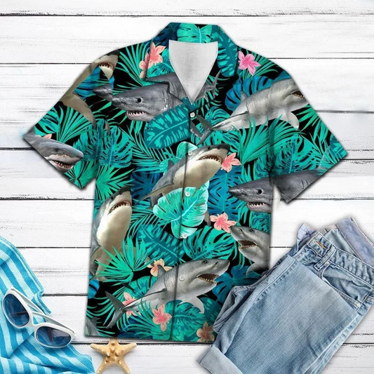 Angry Shark Tropical Jungle Design Hawaiian Shirt HO1946