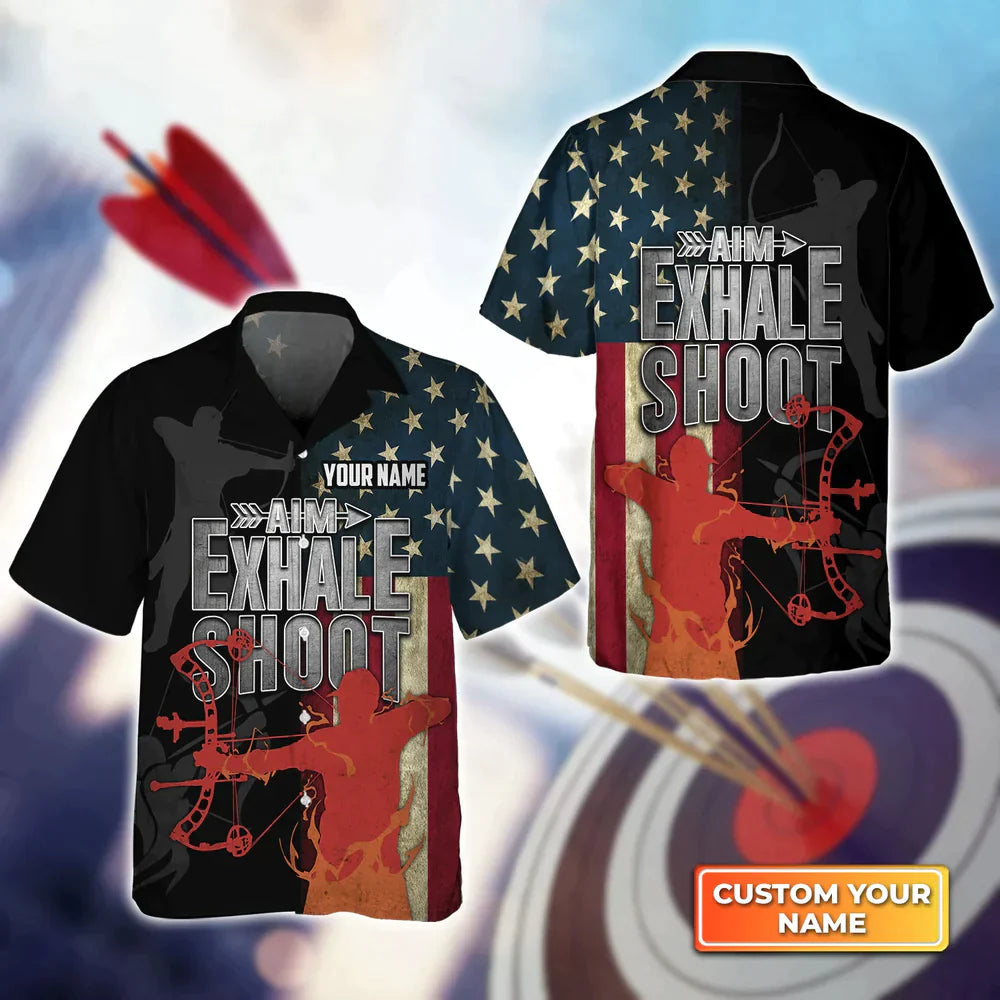 Archery Aim Exhale Shoot Personalized Name 3D Hawaiian Shirt, Gift For Archer Sport Lovers, Gift For Archer HO4136