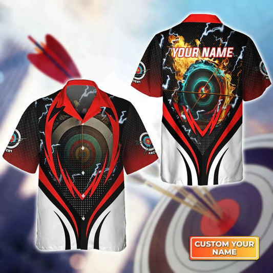 Archery Target Board On Flame 3D Hawaiian Shirt, Gift For Archer, Personalized Name Archery Shirt HO4144