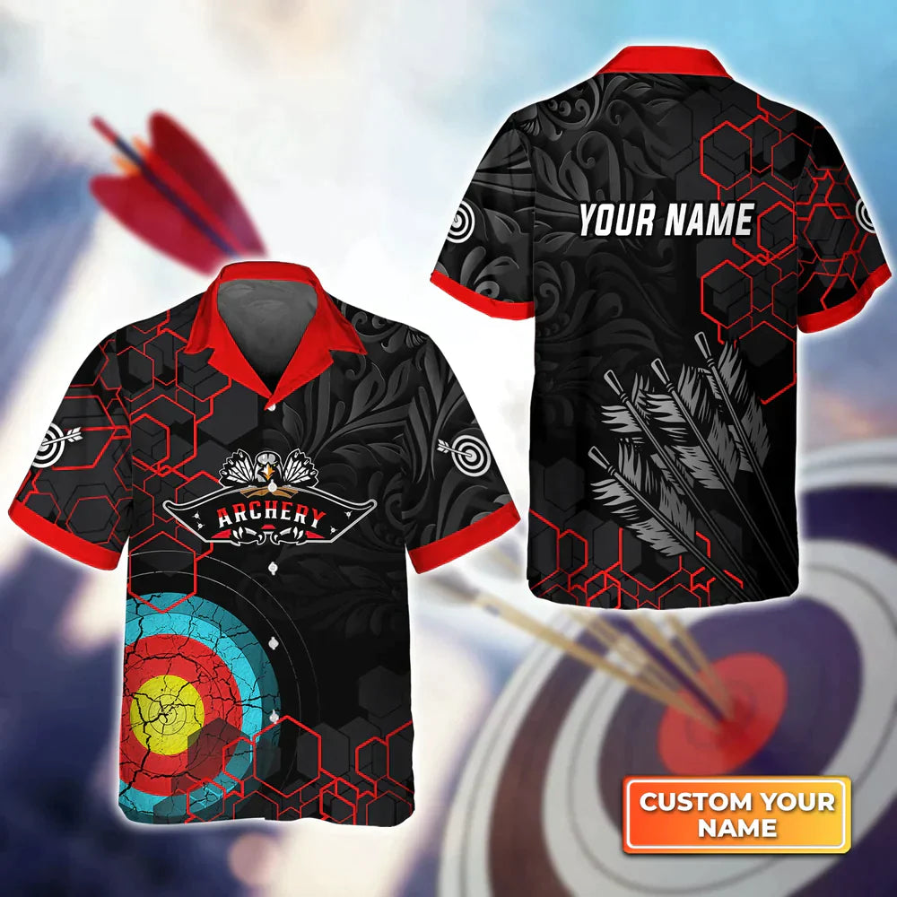 Archery Target Sign Black Pattern Personalized Name 3D Hawaiian Shirt QB95 Gift For Archer HO4146