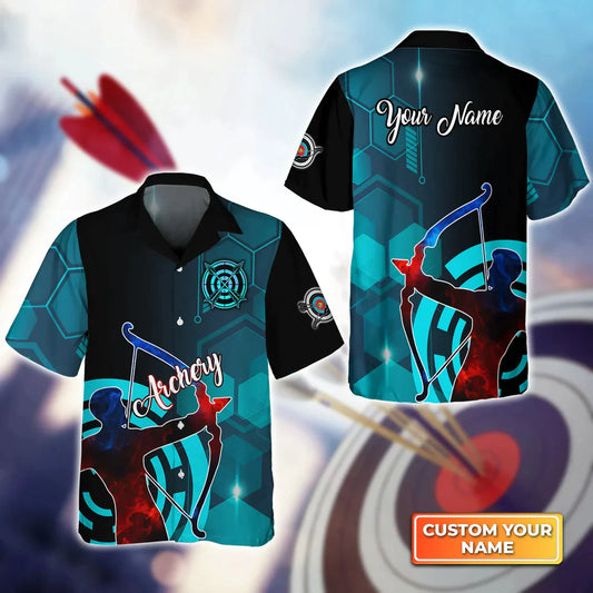 Lasfours Archery Watercolor Short Sleeve Shirts Personalized Name 3D Target Bow Hawaiian Shirt AA0119