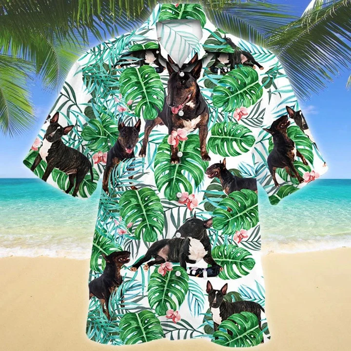 Astute Animal Miniature Bull Terrier Dog Tropical Plant Green Theme Hawaiian Shirt HO1403