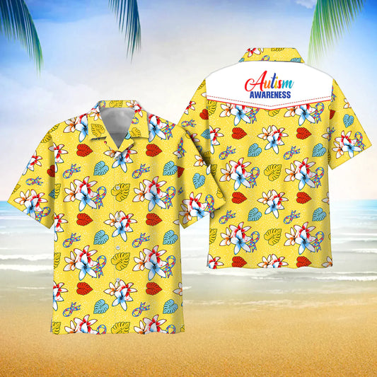 Autism Awareness Frangipani Flowers Pattern Hawaii Shirt Button Down Short Sleeves Hawaiian Full Print Shirt HO3802