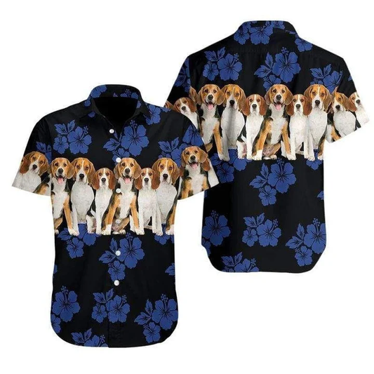 Beagle Hawaiian shirt, Dog Hawaiian shirt, Tropical Hibiscus On Black Pattern Hawaiian Shirt HO1855