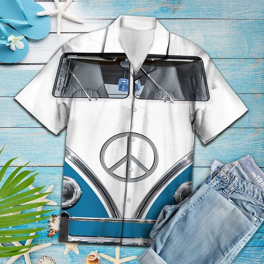 Awesome Blue And White Hippie Bus Pattern Hawaiian Shirt HO0192