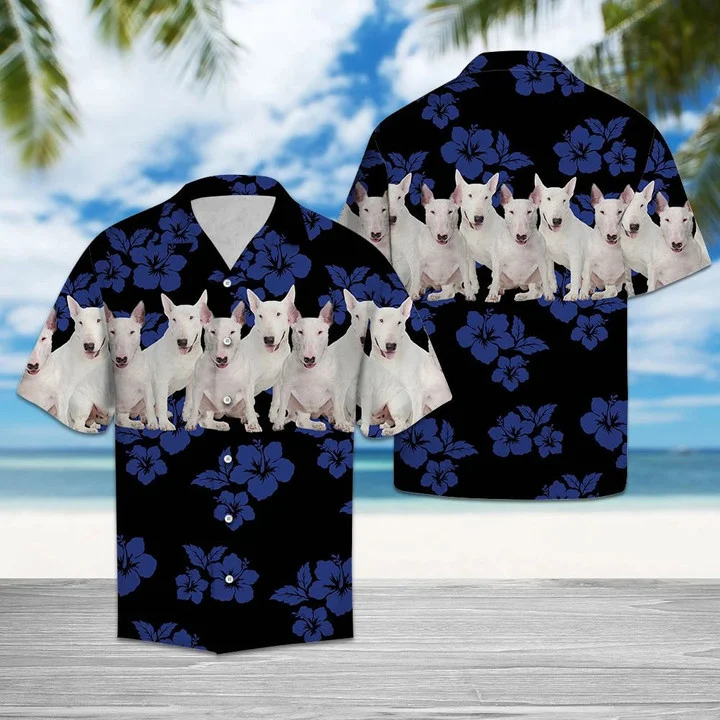 Awesome Bull Terrier Tropical Hibiscus On Black Hawaiian Shirt HO1768
