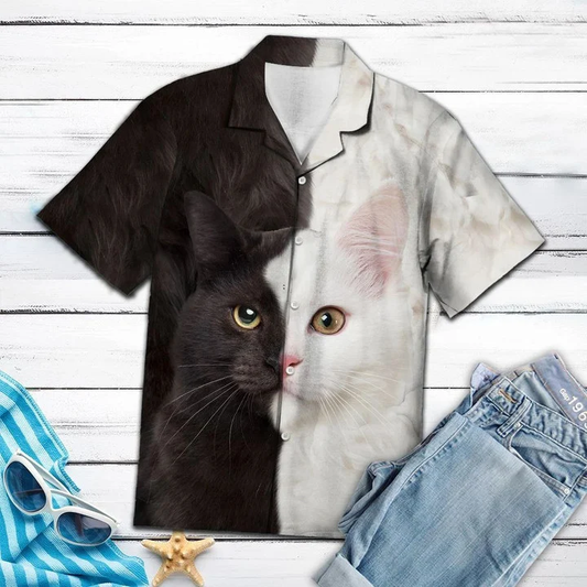 Awesome Cat Black And White Portrait Pattern Hawaiian Shirt HO1910