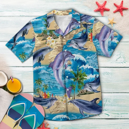 Awesome Dolphin Summer Vacation Ocean Wave Pattern Hawaiian Shirt HO1763