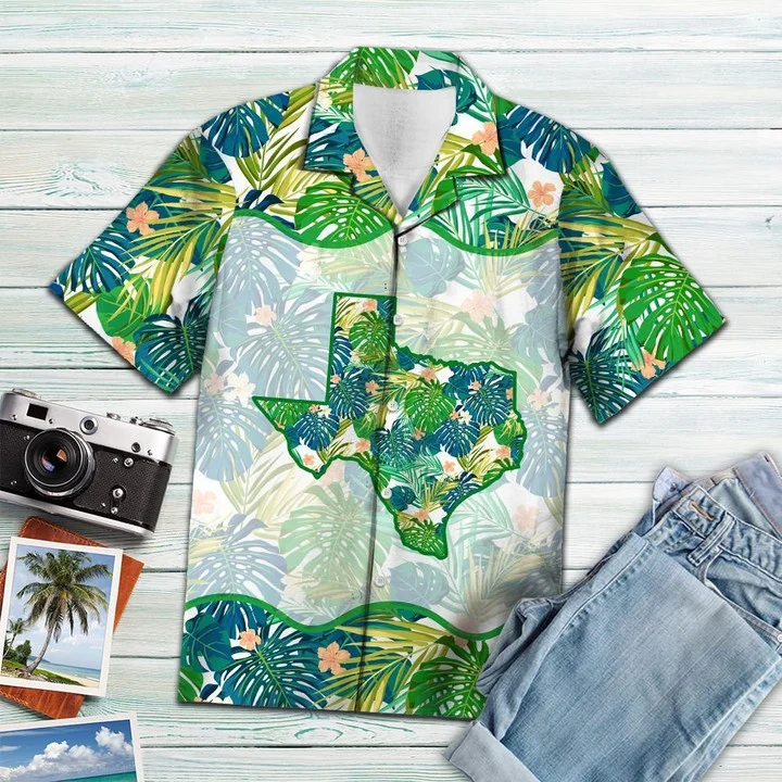Awesome Flag Of Texas Green Tropical Plants Pattern Hawaiian Shirt HO2131