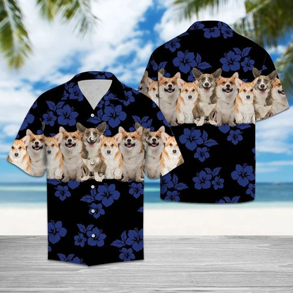 Awesome Pembroke Welsh Corgi Tropical Hibiscus On Black Pattern Hawaiian Shirt HO1606