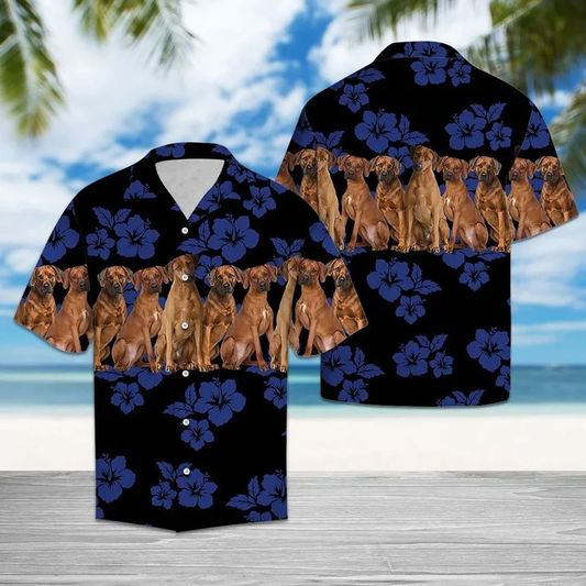 Awesome Rhodesian Ridgeback Dog Group On Hibiscus Pattern Hawaiian Shirt HO1754