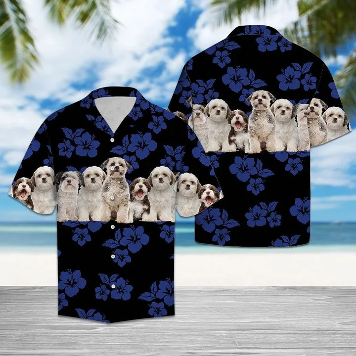 Shih Tzu Hawaiian shirt, Dog Hawaiian shirt, Tropical Hibiscus On Black Pattern Hawaiian Shirt HO1856