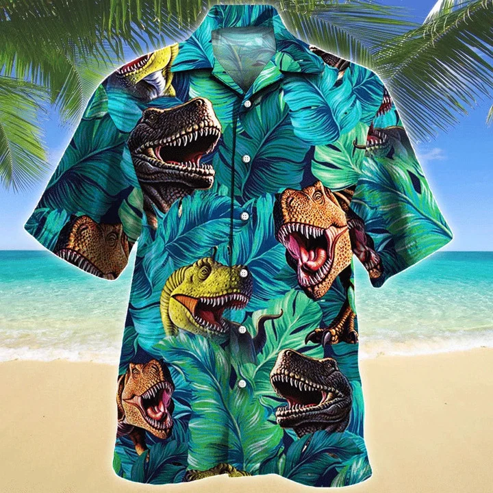 Awesome T-rex Dinosaur Lovers Gift Summer Beach Palm Tree Pattern Hawaiian Shirt HO1945
