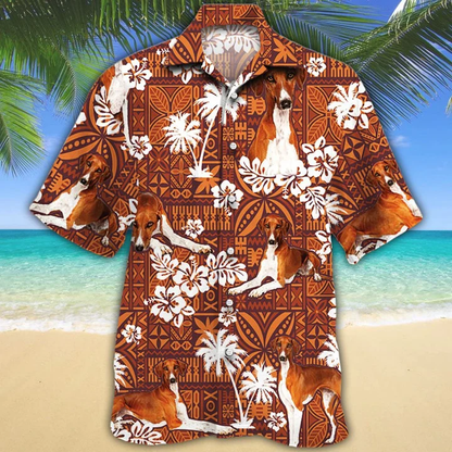 Azawakh Dog With White Palm Trees And Hibiscus In Brown Hawaiian Shirt HO1651
