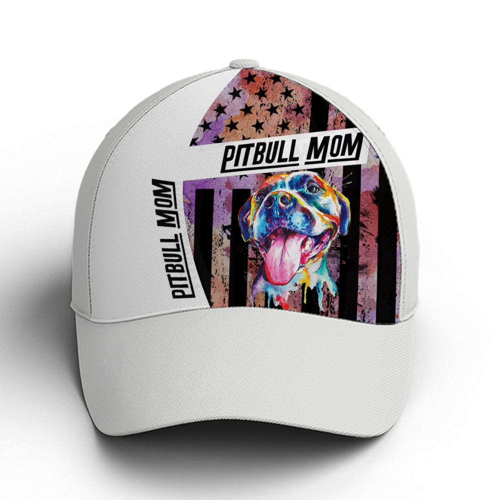 Pitbull Mom American Flag White Classic Baseball Cap Lasfour CO0803