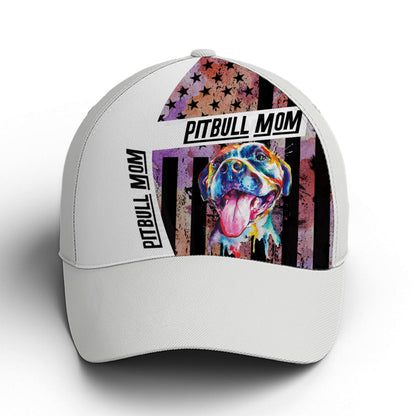 Pitbull Mom American Flag White Classic Baseball Cap Lasfour CO0803