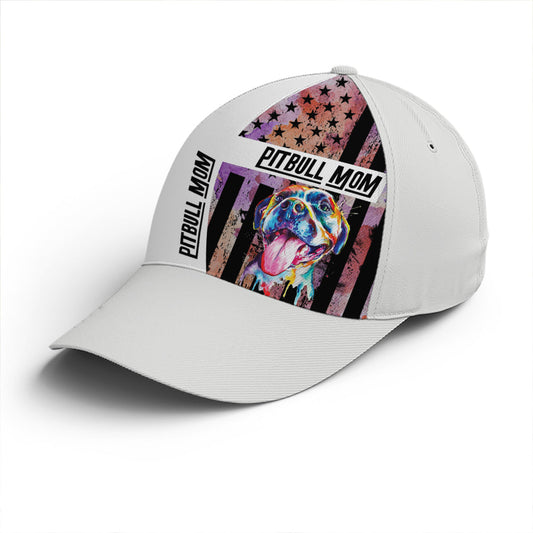 Pitbull Mom American Flag White Classic Baseball Cap Lasfour CO0803