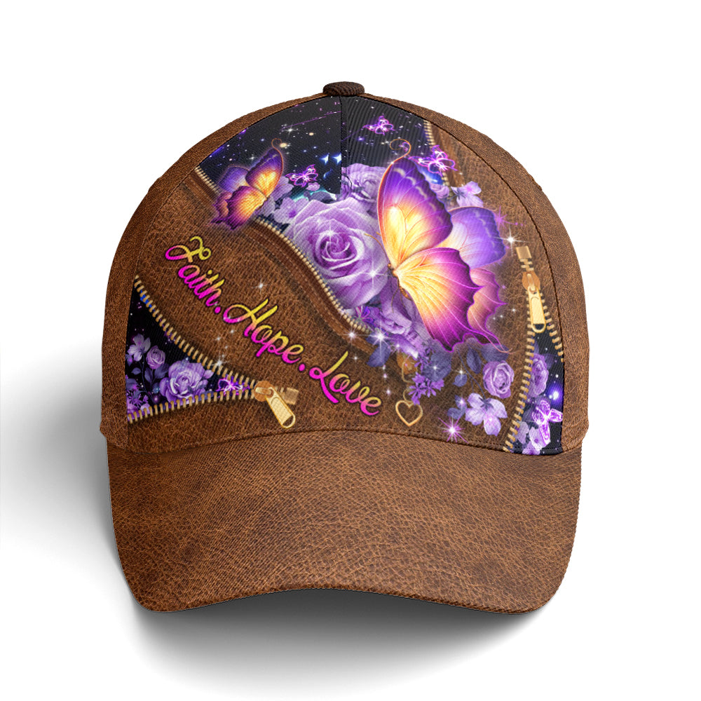 Faith Hope Love Magical Butterfly Purple Roses Leather Style Baseball Cap Lasfour CO0800
