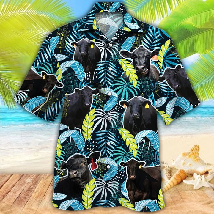 Black Angus Cattle Lovers Jungle Leaves Hawaiian Shirt, Hawaiian shirt Men, Women HO0218