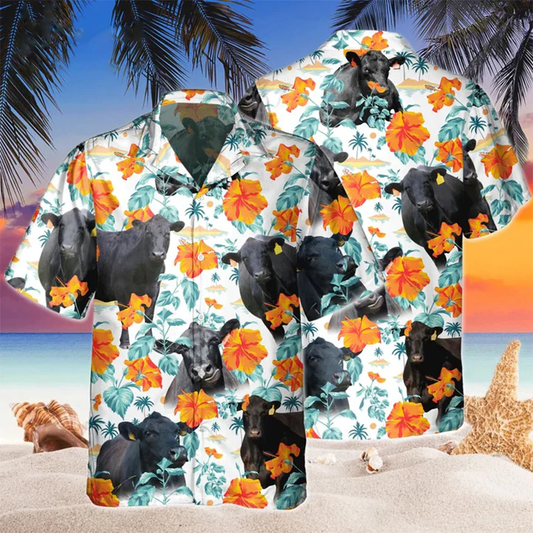 Gift for Cow lovers, Black Angus Blue Floral Hawaiian Shirt, Vintage hawaiian shirt for Men, Women HO1436