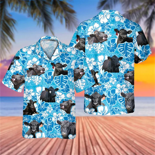 Black Angus Blue Floral Hawaiian Shirt, Cow Hawaii Shirt, Cow Lovers Shirt For Men HO2219