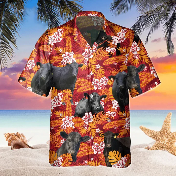 Black Angus Red Orange Floral Hawaiian Shirt, Cow Hawaii shirts men, Hawaiian shirt Women HO2225