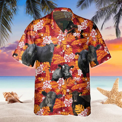 Black Angus Red Orange Floral Hawaiian Shirt, Cow Hawaii shirts men, Hawaiian shirt Women HO2225
