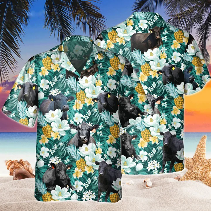 Black Angus Tropical Pineapple Fruit Hawaiian Shirt, Flowers Aloha Shirt For cow Lovers HO2222