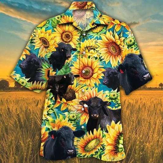 Brangus Cattle Lovers Sunflower Watercolor Hawaiian Shirt, Cow Hawaiian shirts for men, women HO2560