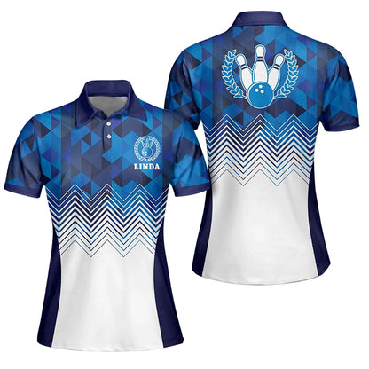 Custom Bowling Shirts For Women - Customize Women's Bowling Jerseys - Geometric Blue Women Bowling Shirt Pattern - Bowling Logos For Shirts BW0001