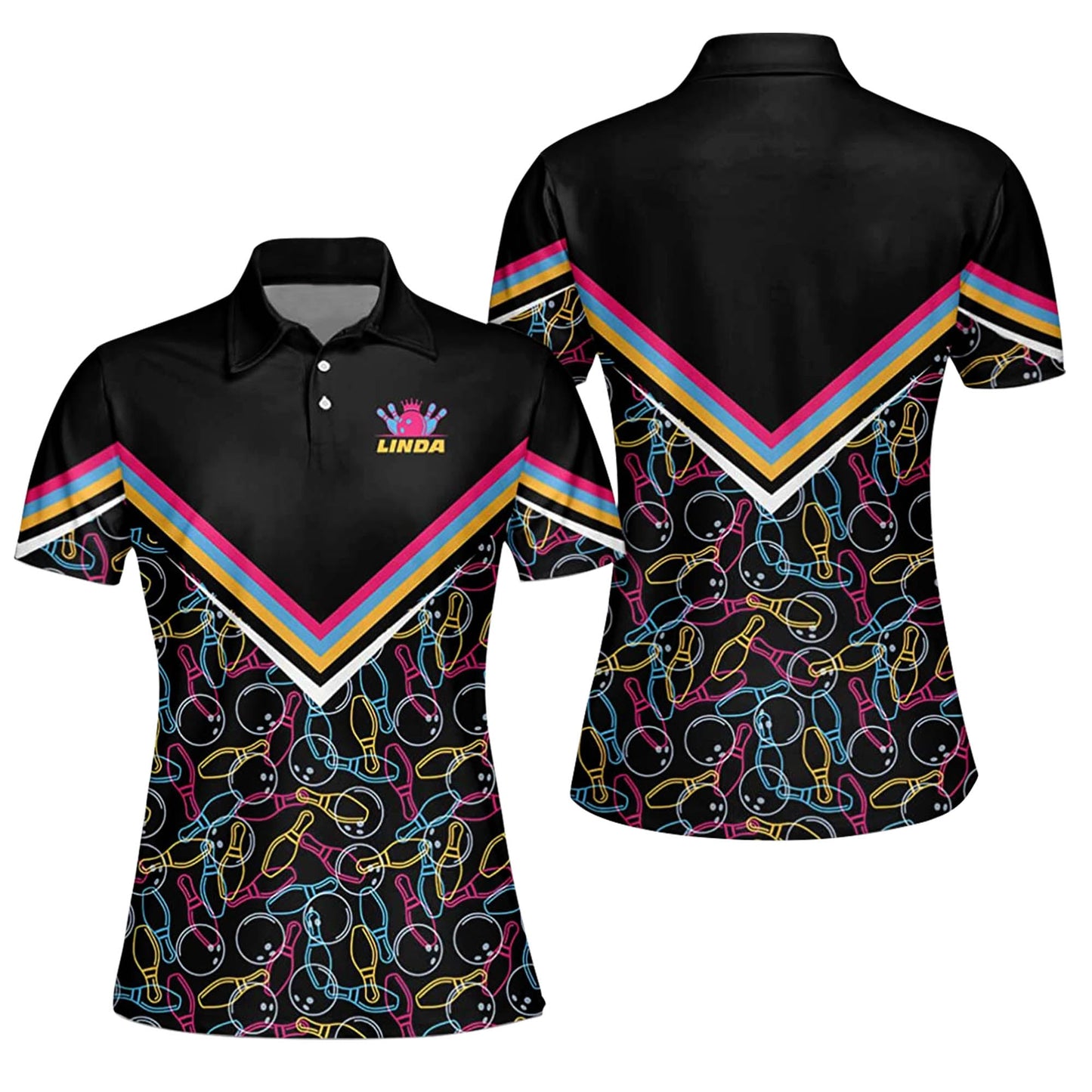 Custom Bowling Shirts For Women - Black Ladies Bowling Shirts - Bowling Icon Cool Short Sleeve Polo Bowling Shirt For Female Bowlers BW0005