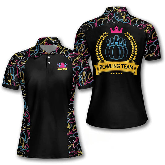 Custom Bowling Shirts For Women - Women's Bowling Team Shirts - Custom Bowling Shirt Ladies - Black Bowling Shirts Short Sleeve - Polo Bowling Shirts BW0012