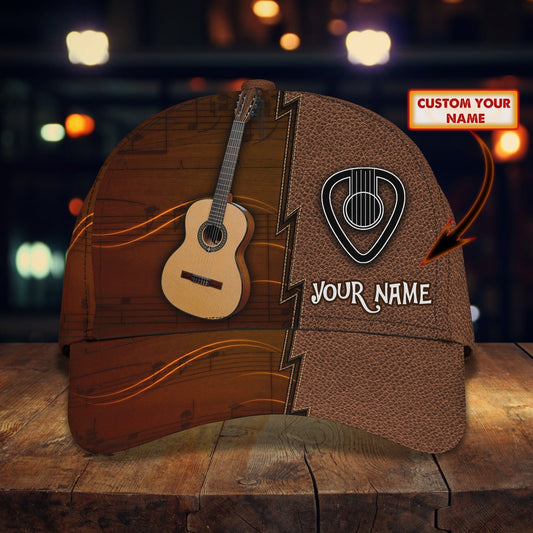 Personalized Brown Guitar Baseball Cap Hat For Musican And Guitarist, Classic Cap With Guitar Leather Pattern CO0434