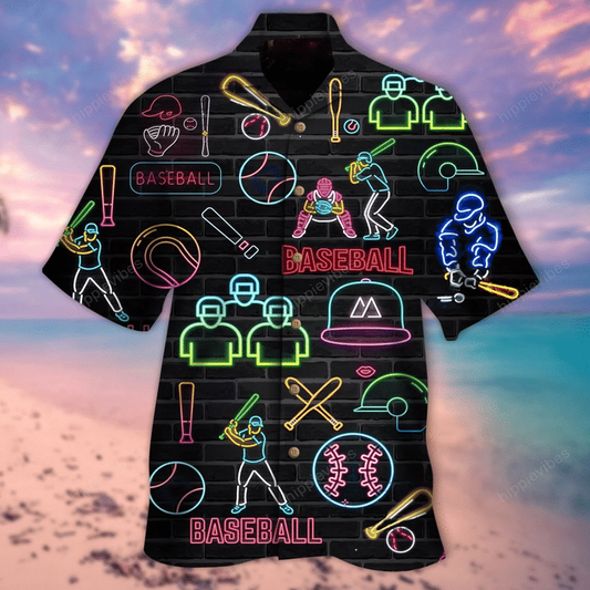 Baseball Neon Color Pattern Black Theme Hawaiian Shirt HO1890