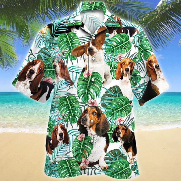 Basset Hound Dog Tropical Plant Leaves Pattern Hawaiian Shirt, Short Sleeve Hawaiian Aloha Shirt HO1708