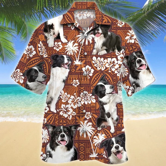 Beautiful Border Collie Dog Red Tribal Pattern Hawaiian Shirt, Border Collie Hawaiian Shirt Short Sleeve For Summer Trip Family HO2112