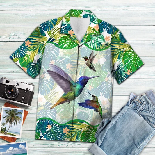 Beautiful Hummingbird Green Tropical Leaves Pattern Hawaiian Shirt HO2155