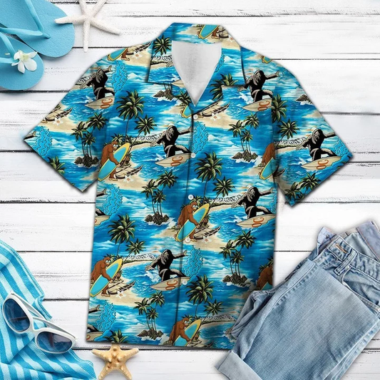 Bigfoot Surfing On Blue Beach Hawaiian Shirt HO1759
