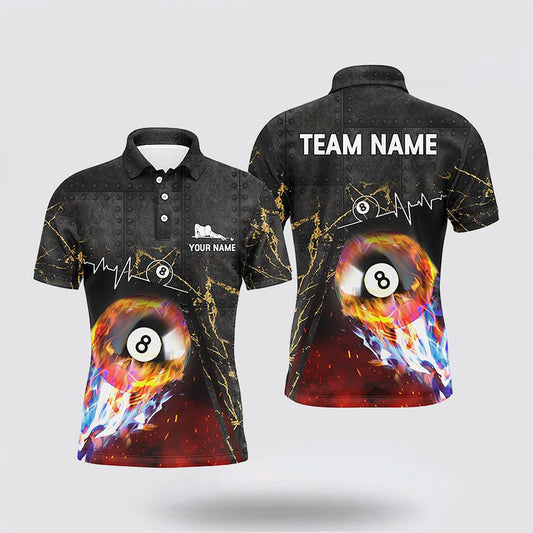 Lasfour Billiards 8 Ball On Blue And Red Fire With Heart Beat Pattern Personalized Name 3D Shirt BIA0238
