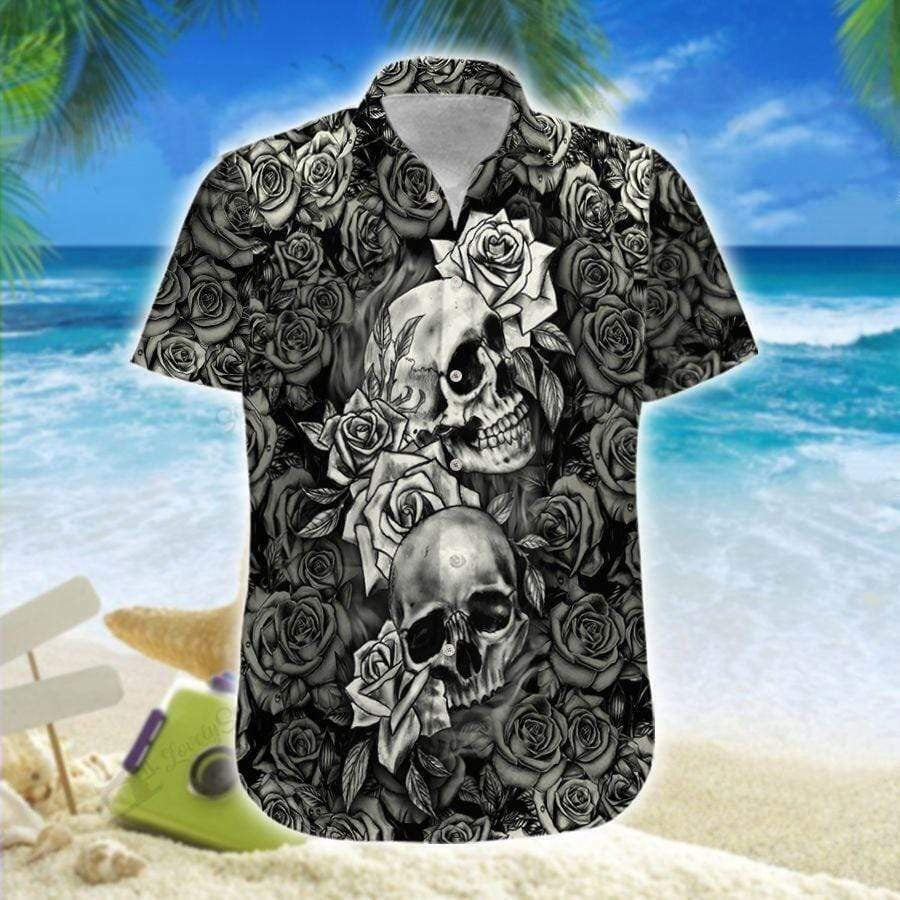 Black And White Skull Roses 3D Hawaiian Shirt For Men, Skull Hawaiian Aloha Shirt HO2716