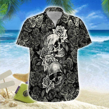 Black And White Skull Roses 3D Hawaiian Shirt For Men, Skull Hawaiian Aloha Shirt HO2716